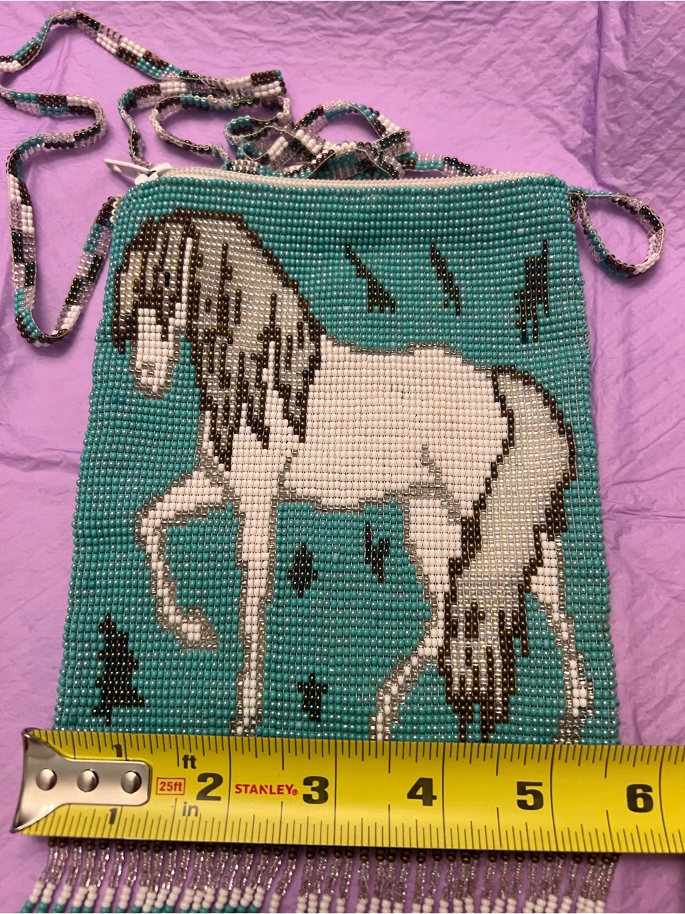 Hand Beaded White Horse Crossbody Bag in Teal